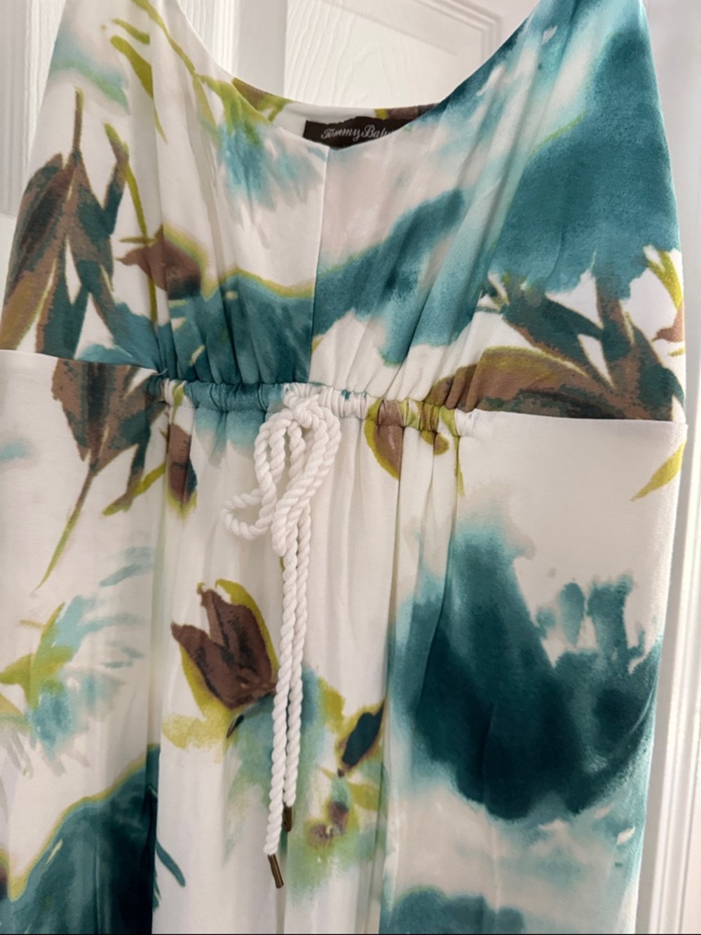 Tommy Bahama White Maxi Dress with Teal, Olive & Brown Watercolor Print - Picture 2 of 4
